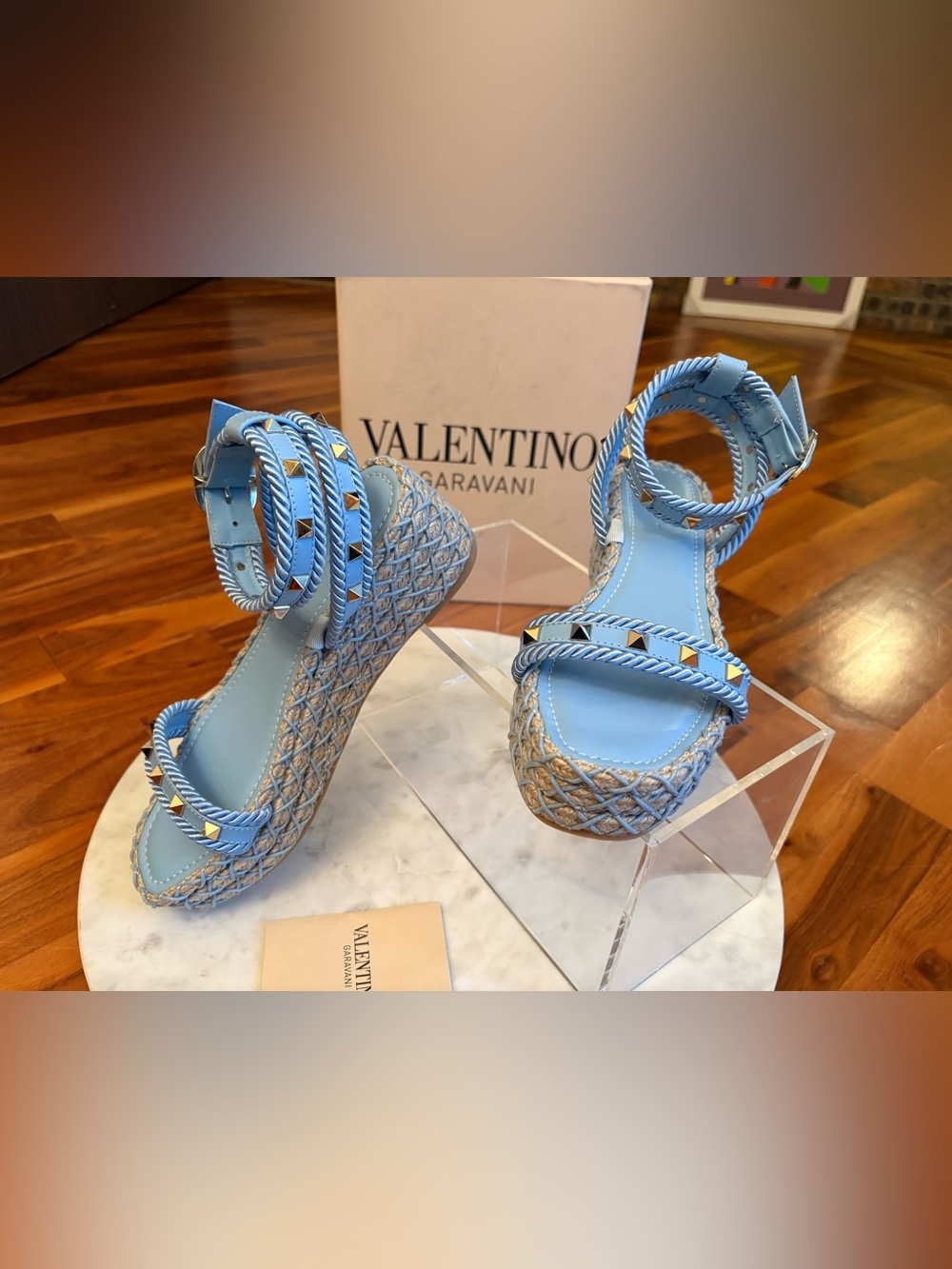 Valentino Garavani Rockstud Torchon Braided Espadrille Sandals, Powder Blue, NEW - Picture 15 of 15